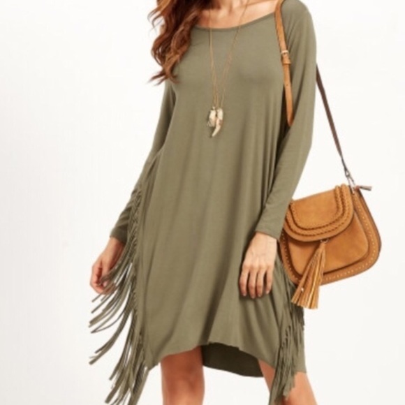 Olive green fringe dress. - Picture 1 of 7